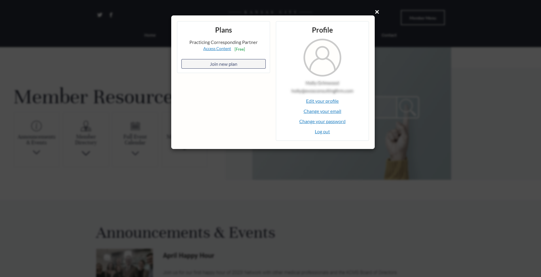 A screenshot of a website with a popup that says member resources