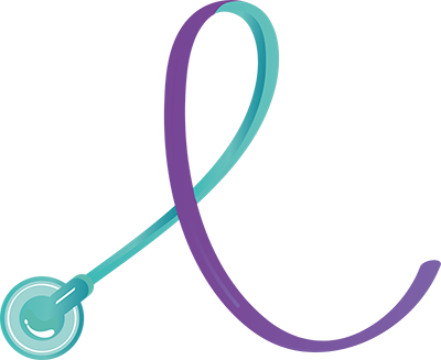 A blue and purple stethoscope with a letter l on a white background.