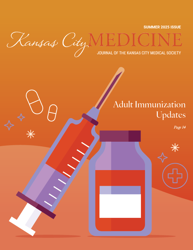 The cover of the Summer 2025 kansas city medicine magazine is about adult immunization updates