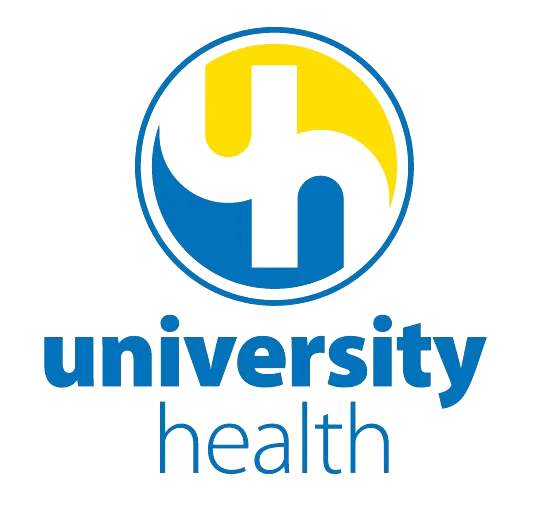 A blue and yellow logo for university health