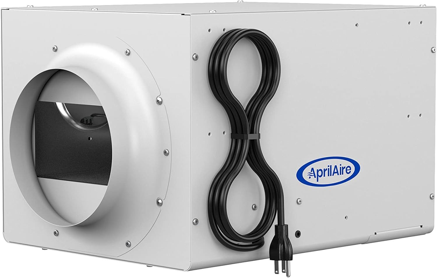White AprilAire HEPA air purifier with a circular intake, power cord.