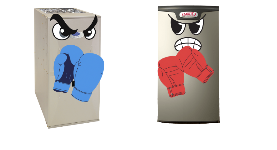 Carrier and Lennox furnaces with boxing gloves ready to fight
