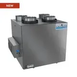 Gray industrial ventilation unit with two top ducts and a small blue side control box