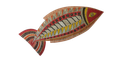 Illustrazione decorativa di un pesce con motivi geometrici rossi, arancioni e neri su sfondo bianco.