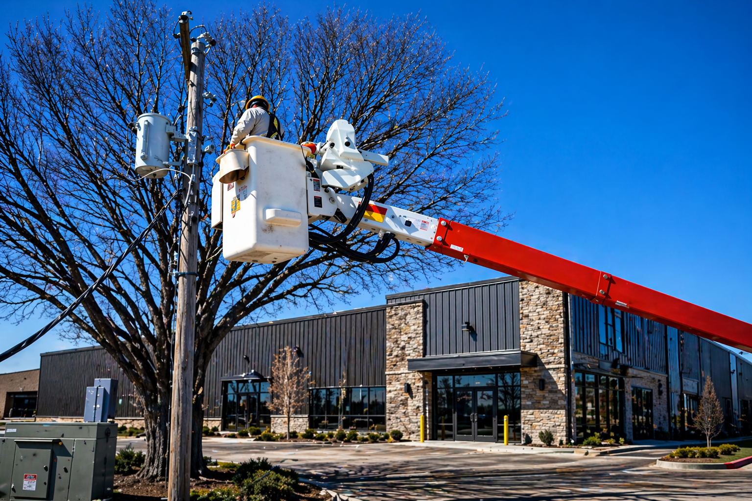 Utility worker in a bucket lift inspecting a pole outside a modern brick building