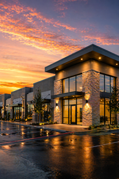 Modern glass-and-stone office building at sunset with warm lights reflecting on wet pavement