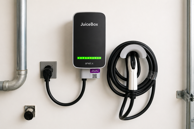 Split view of wall-mounted EV chargers and a man plugging into a black car outdoors