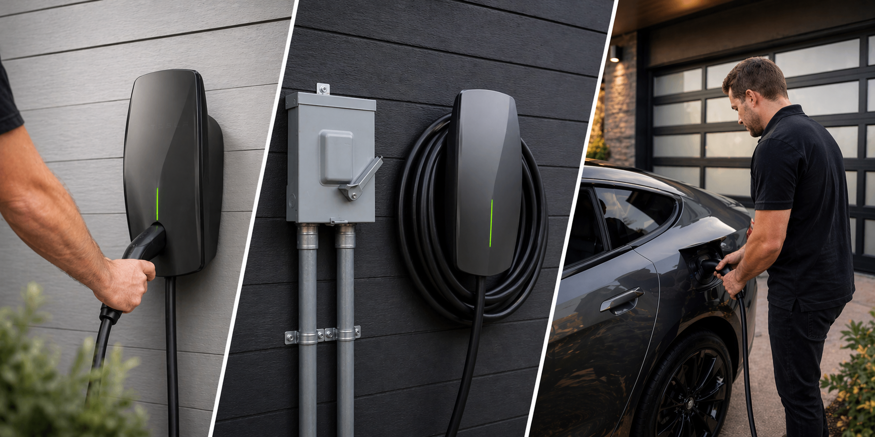 Split view of wall-mounted EV chargers and a man plugging into a black car outdoors