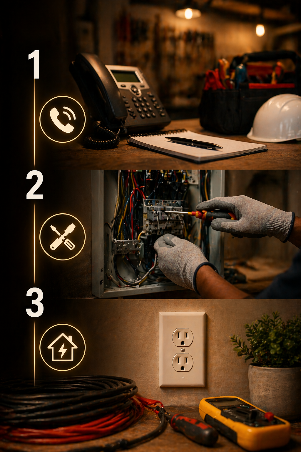 Three-panel collage of home repair: phone, wiring work, and electrical tools near an outlet.