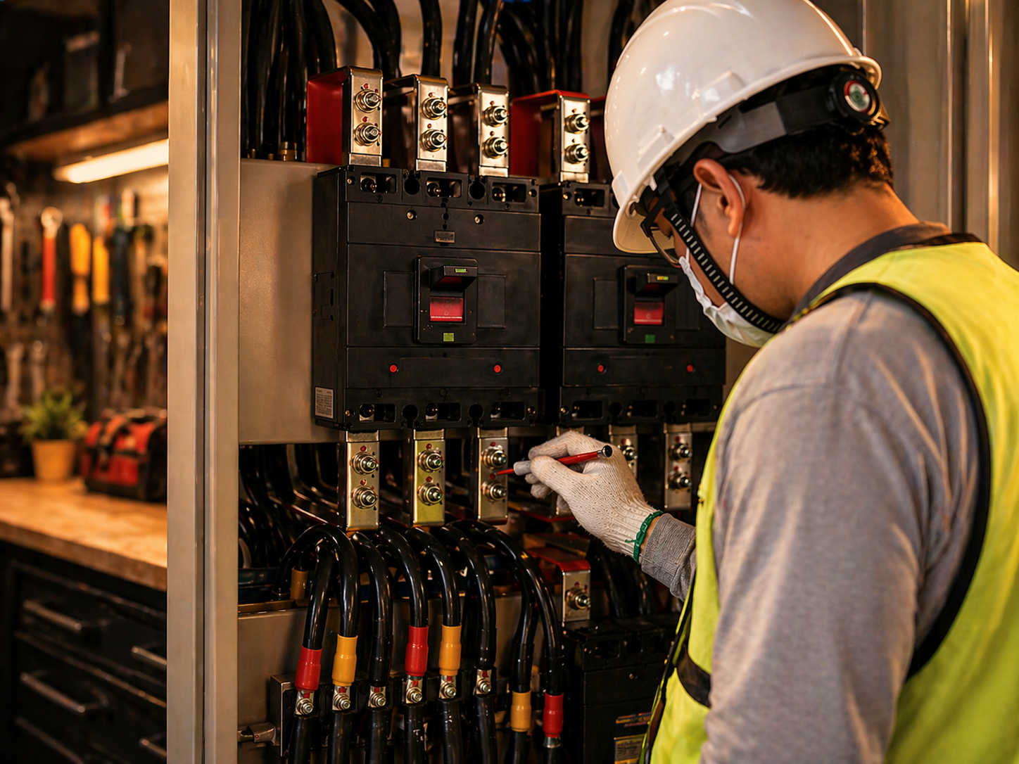 Electrician in hard hat inspecting a breaker panel with red-handled tools in a utility room