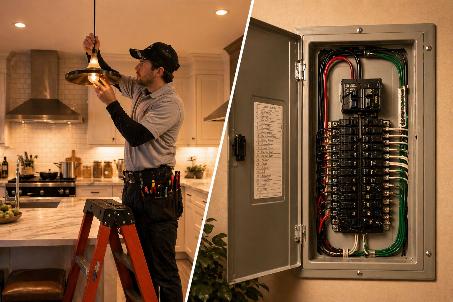 Electrician on a ladder fixing a kitchen ceiling light beside an open electrical breaker panel