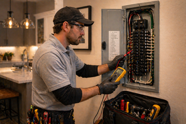 Electrician testing wires in an open circuit breaker panel with a multimeter inside a home kitchen