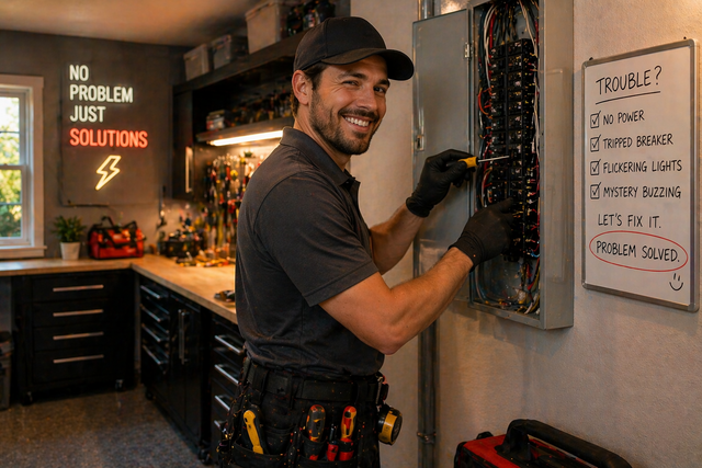 Smiling technician fixing a wall-mounted device in a dim workshop kitchen