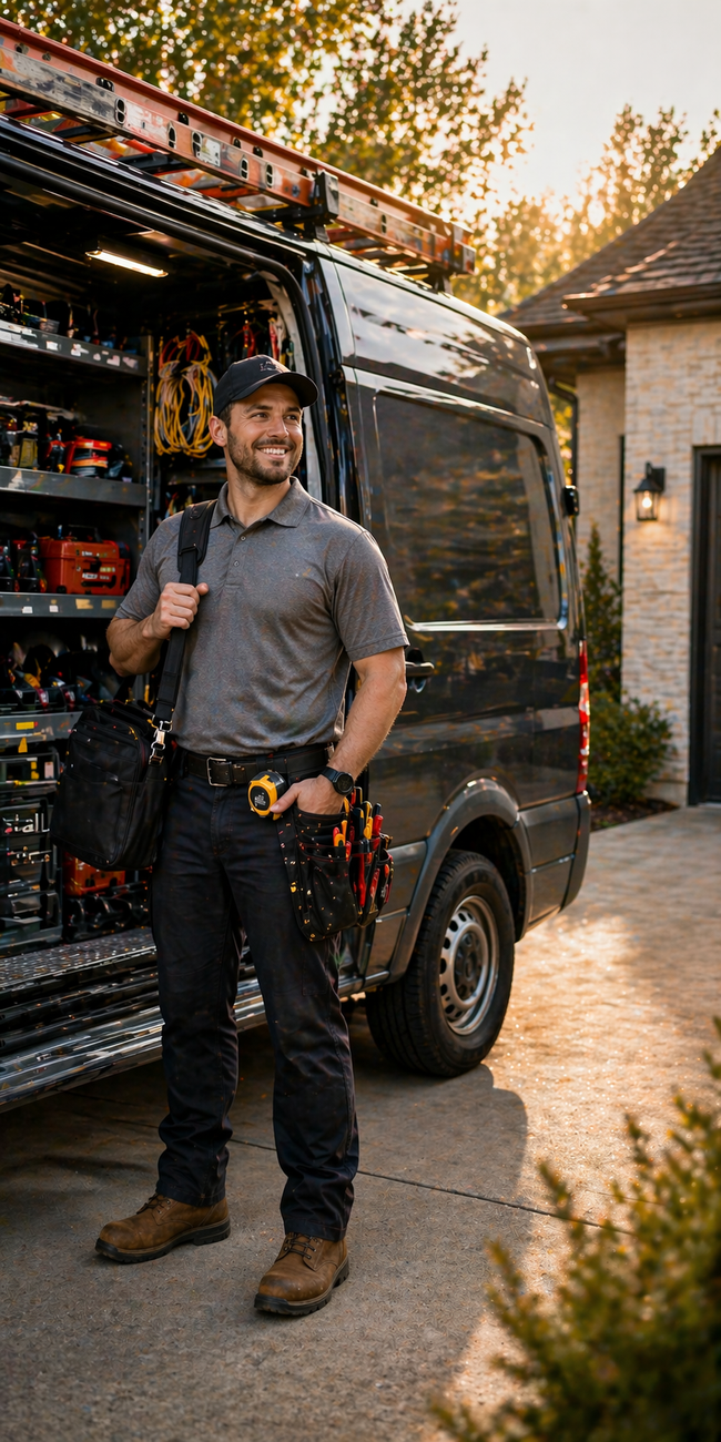 Tradesperson in gray shirt and cap standing beside a work van with tools at sunset