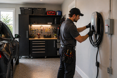 Electrician installing a wall-mounted EV charger in a garage beside a parked car.