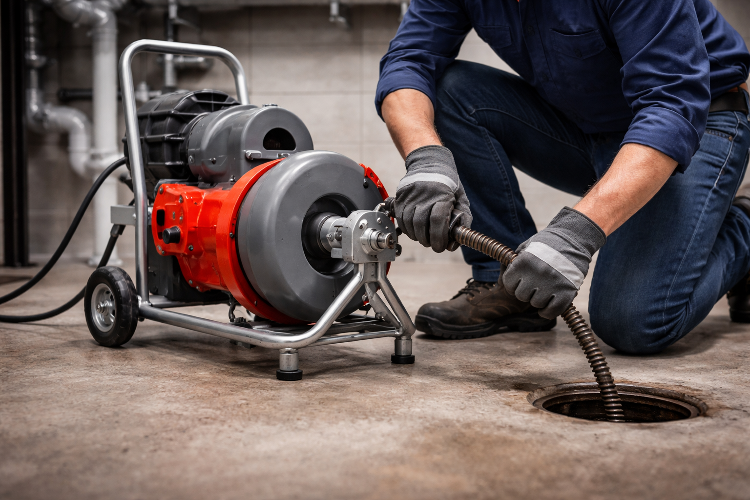 A technician in work clothes uses a red and grey electric drain cleaning machine to clear a pipe in a concrete floor.