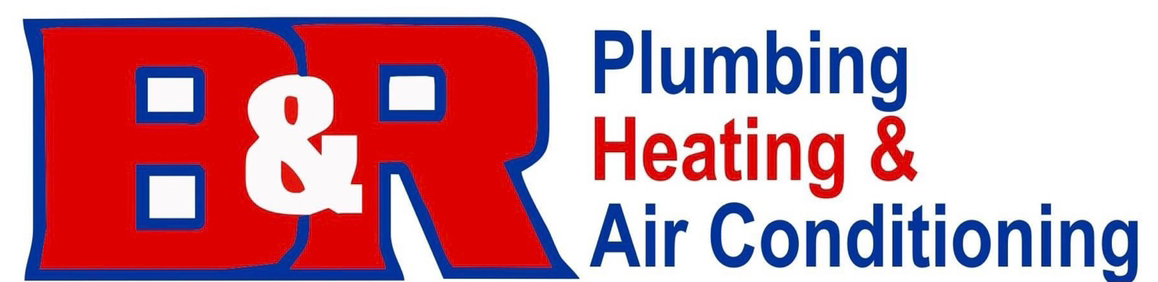 Logo for B&R Plumbing, Heating & Air Conditioning in red and blue text on a white background.