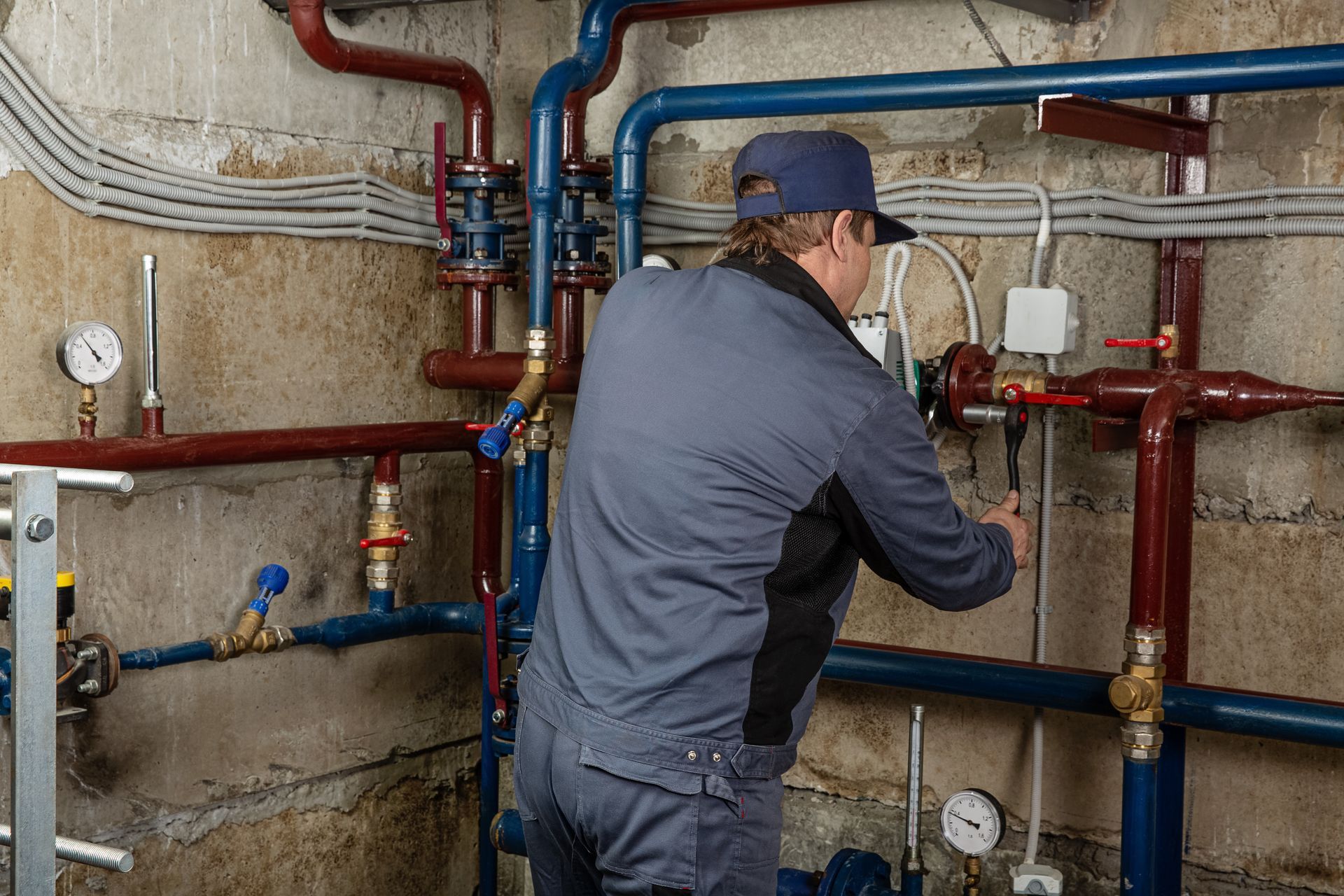 A technician in a grey work uniform repairs pipes in a basement boiler room with blue and red plumbing.