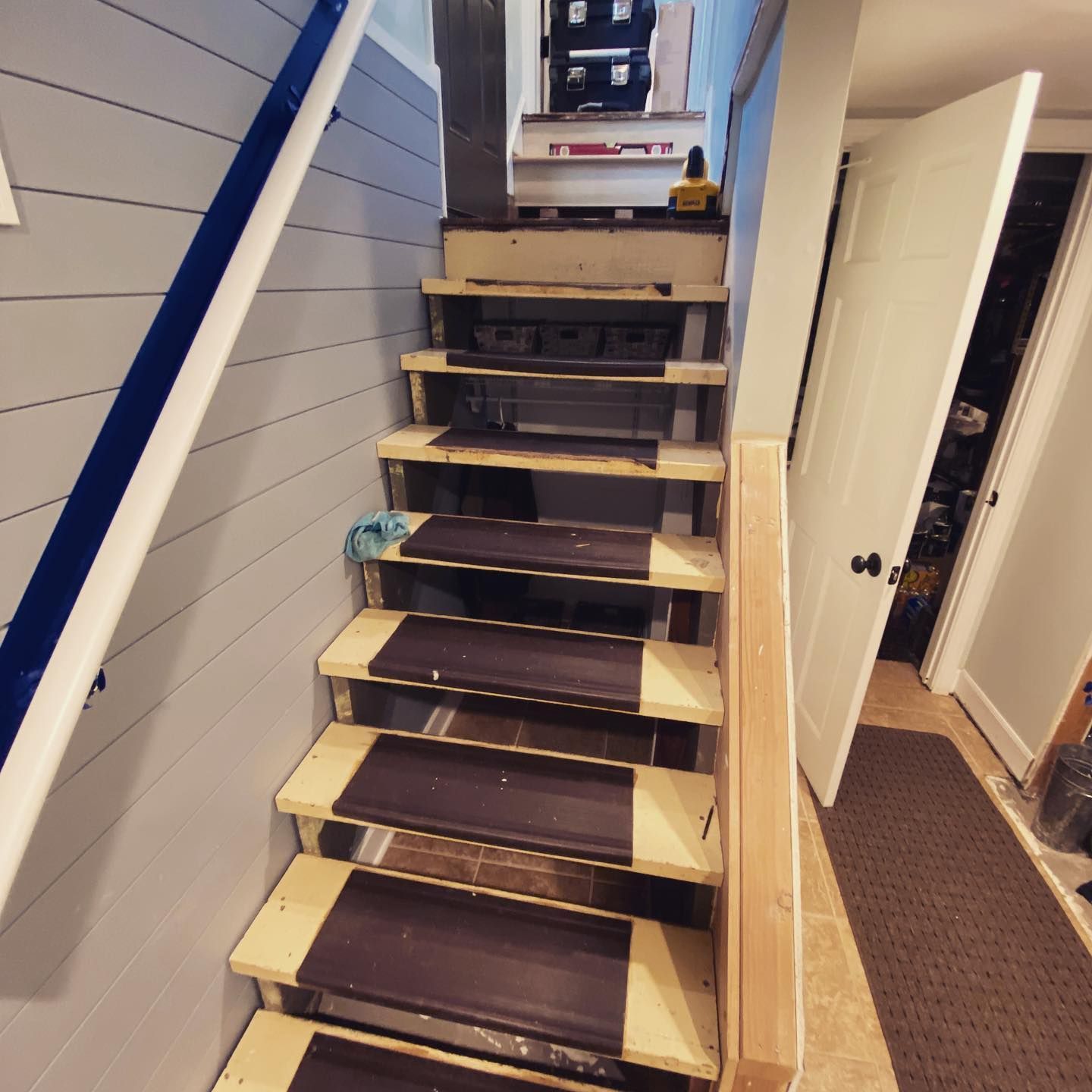 A set of stairs with a blue railing in a hallway