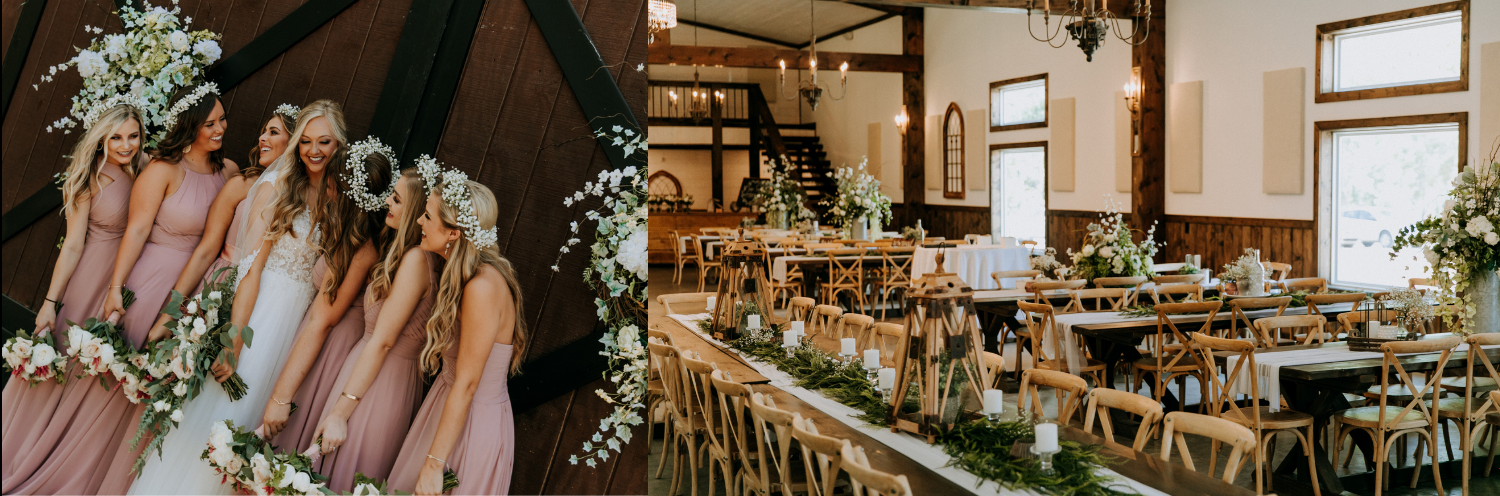 Bridal party in blush dresses beside a floral arch at a rustic wedding reception hall