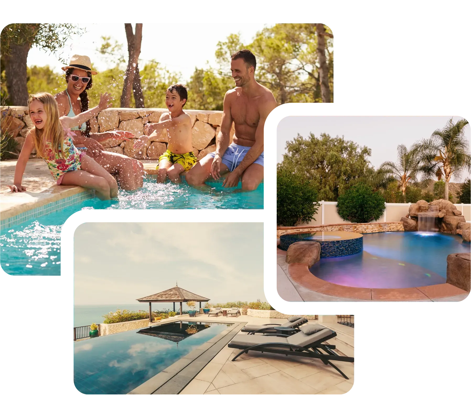 Custom pool construction and family enjoying swimming pool.