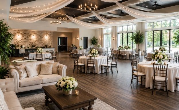 A spacious event center near San Juan, TX with elegant banquet tables, modern chandeliers