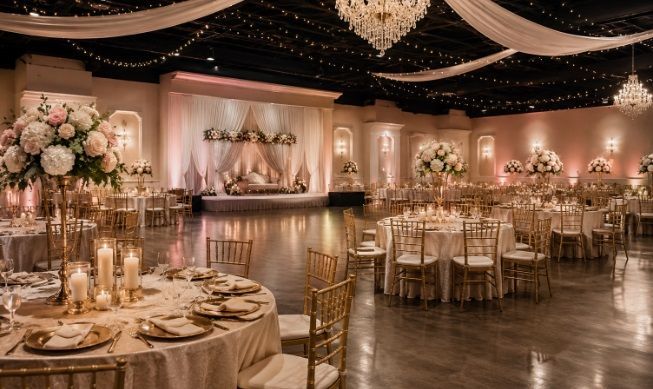 banquet tables, chandeliers, and spacious celebration space at an event center near Pharr, TX