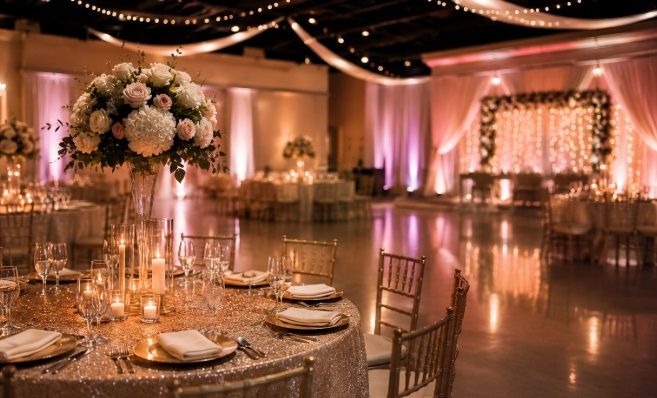 decorated tables, warm lighting, and spacious event venue at an event center in Edinburg, TX