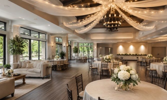 spacious event center in Edinburg, TX featuring elegant banquet tables with floral centerpieces