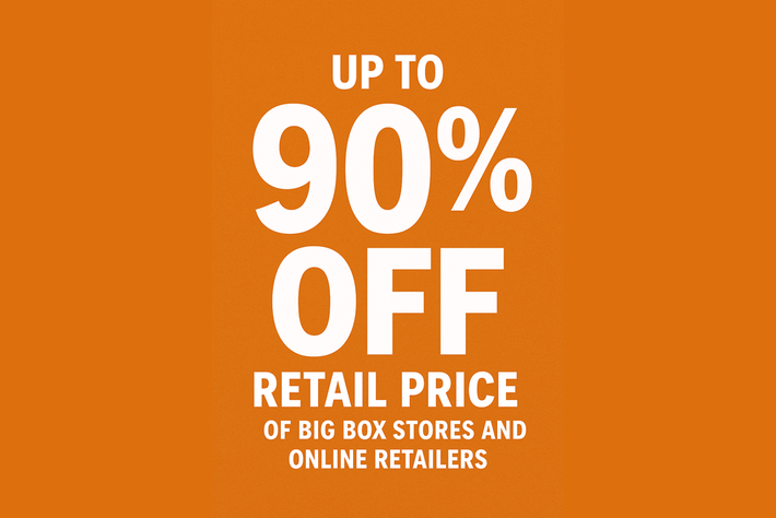 Orange banner: Up to 90% off retail price of big box stores and online retailers. White text.