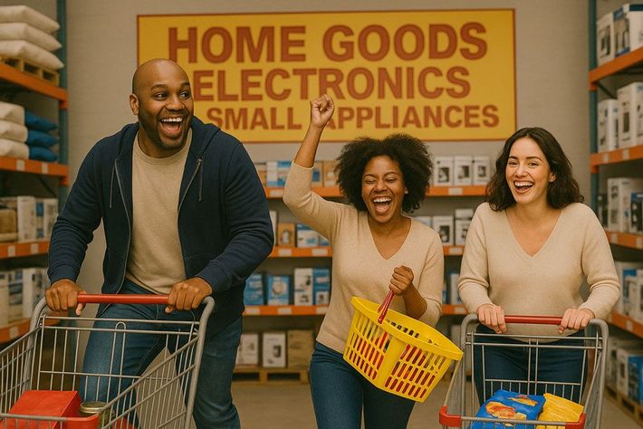 Three excited people shopping in a store, pushing carts and a basket