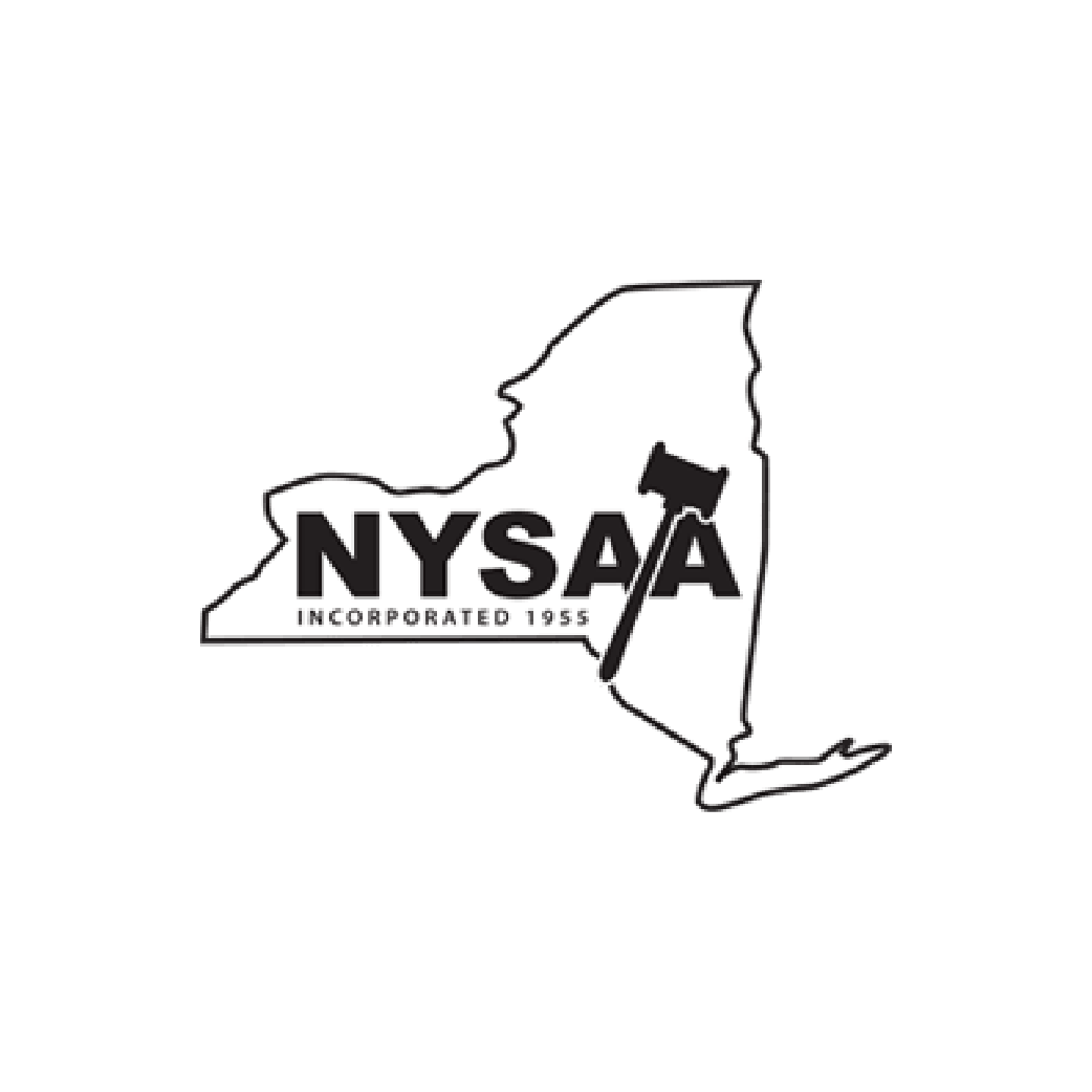 The NYSAA logo is a black and white drawing of the state of new york.