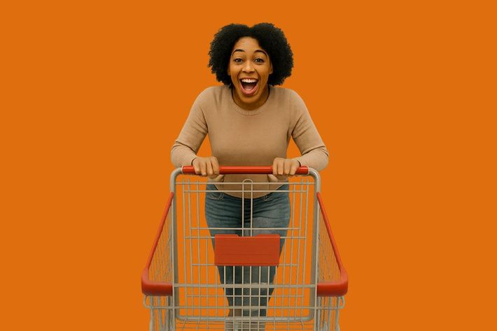 Woman with afro smiles and shouts while pushing a shopping cart, orange background.