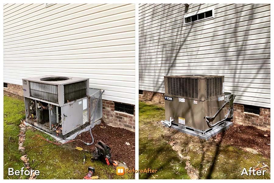 A before and after picture of an air conditioner on the side of a house.