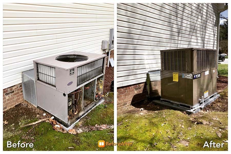 A before and after picture of an air conditioner on the side of a house.