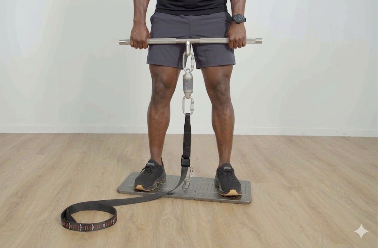 A person performing a resistance strap deadlift on a platform, holding a metal bar connected to a strap anchored at their feet.