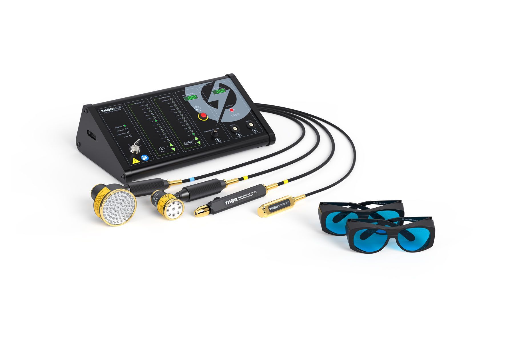 A medical laser therapy console with four interchangeable applicators and two pairs of blue-tinted protective goggles.