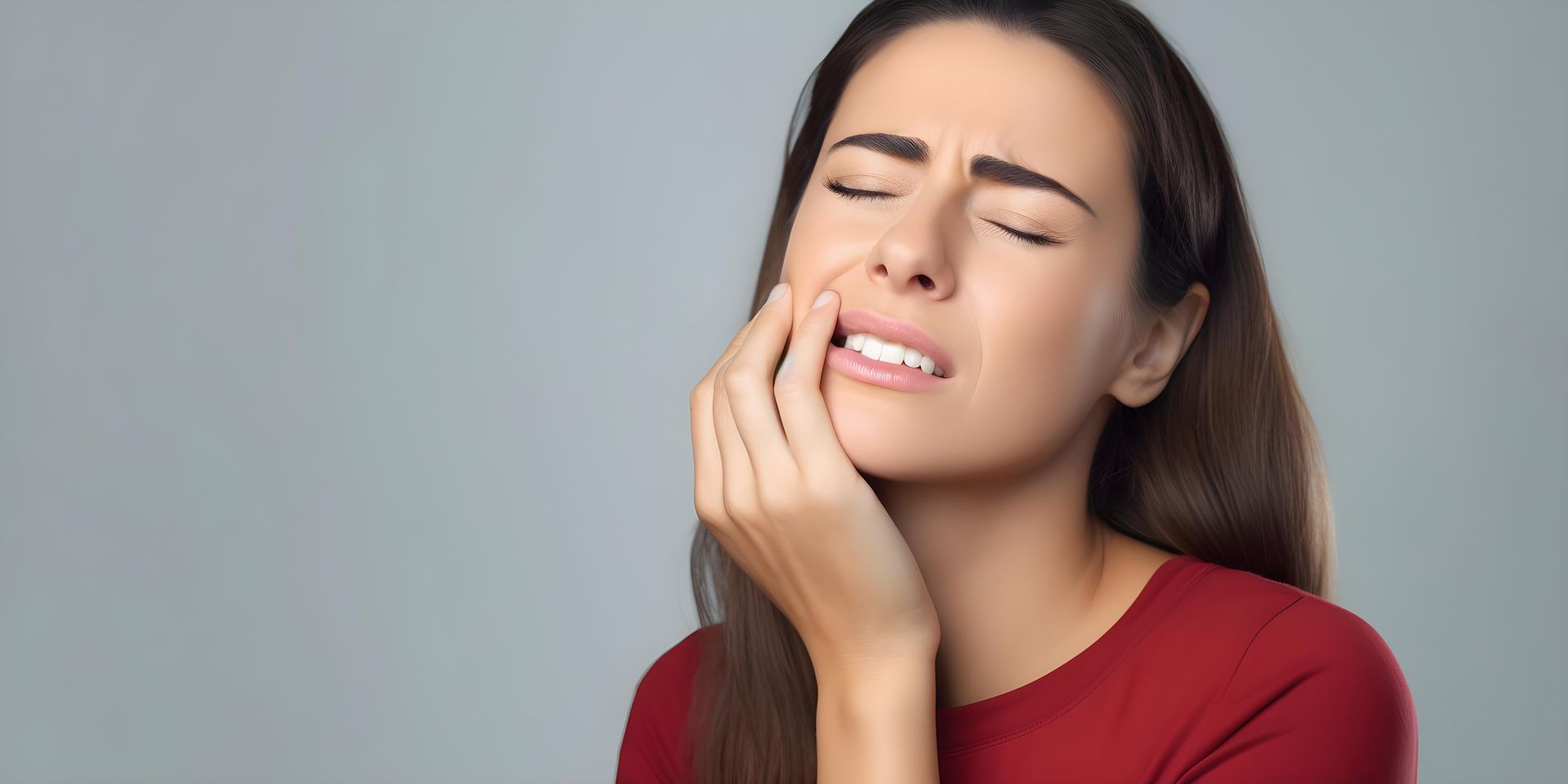 A woman is holding her face in pain because of a toothache.