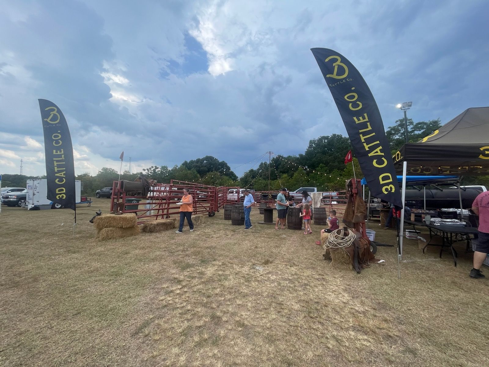 A group of people are standing in a field with flags.
