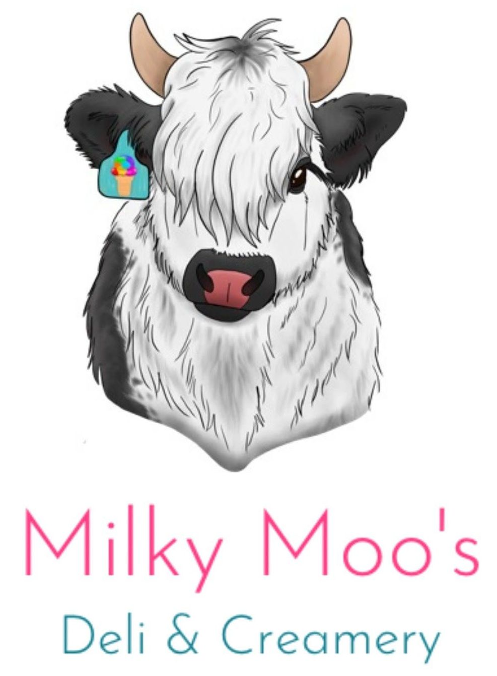 Milky Moo's logo: Cartoon cow holding an ice cream cone, with text