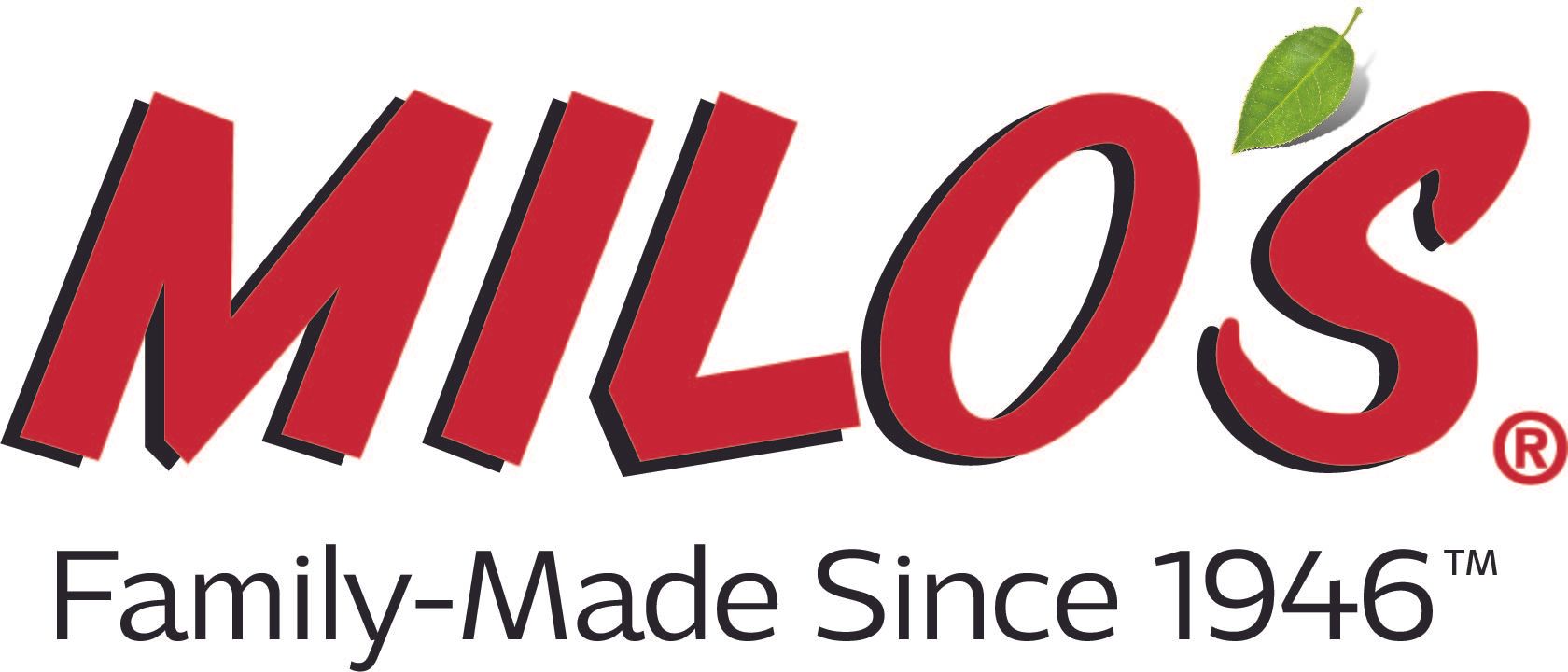 The Milo's logo in red script with a green leaf, and the tagline 