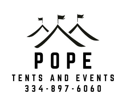 Logo for Pope Tents and Events featuring white text and a stylized bridge icon on a gray gradient background; includes a phone number.