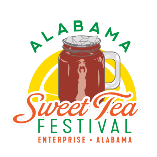 Alabama Sweet Tea Festival logo: mason jar with sweet tea, Enterprise, Alabama.
