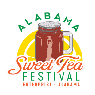Alabama Sweet Tea Festival logo: mason jar with sweet tea, Enterprise, Alabama.