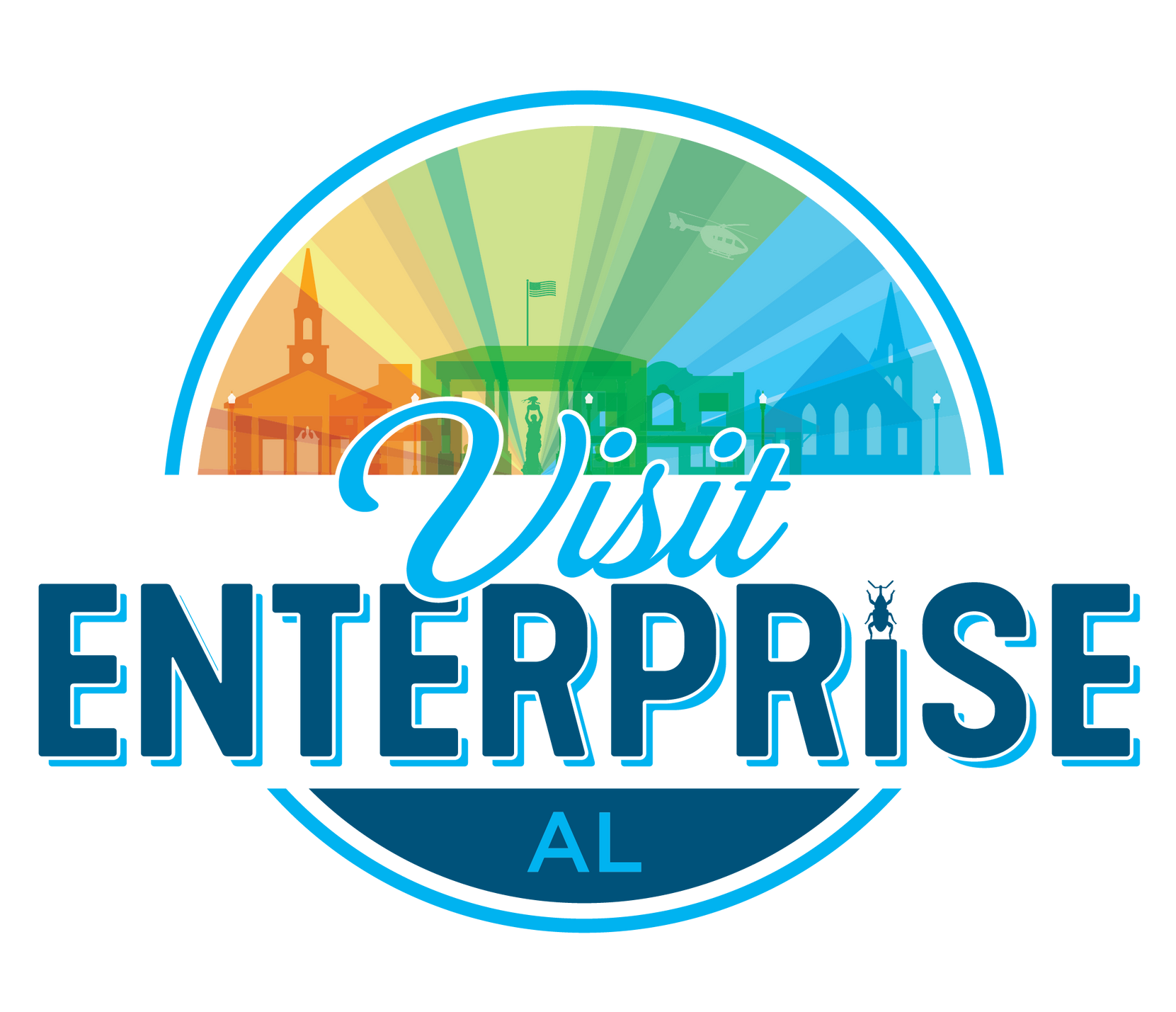 Logo for Visit Enterprise, Alabama. Features a colorful city skyline in a blue circle with the text 