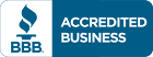 A blue and white sign that says accredited business on it.