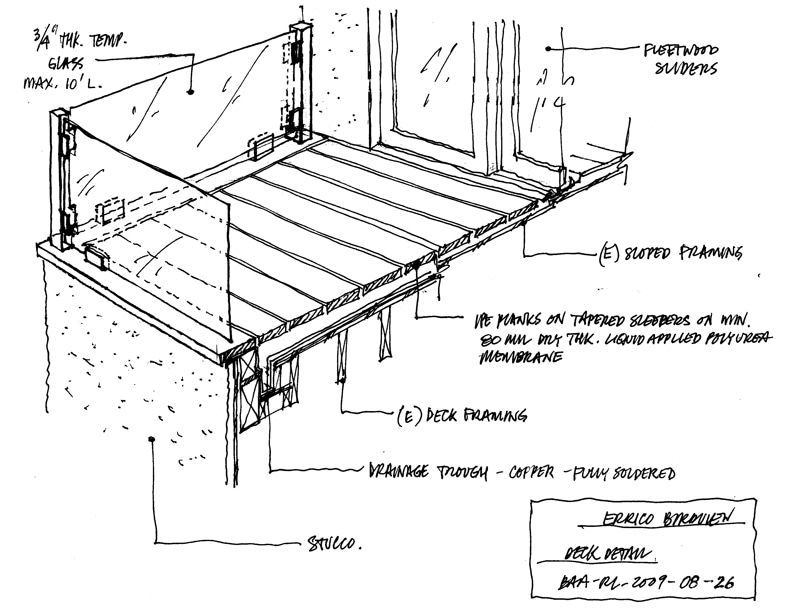 A black and white architect's sketch of a balcony with a wooden floor.