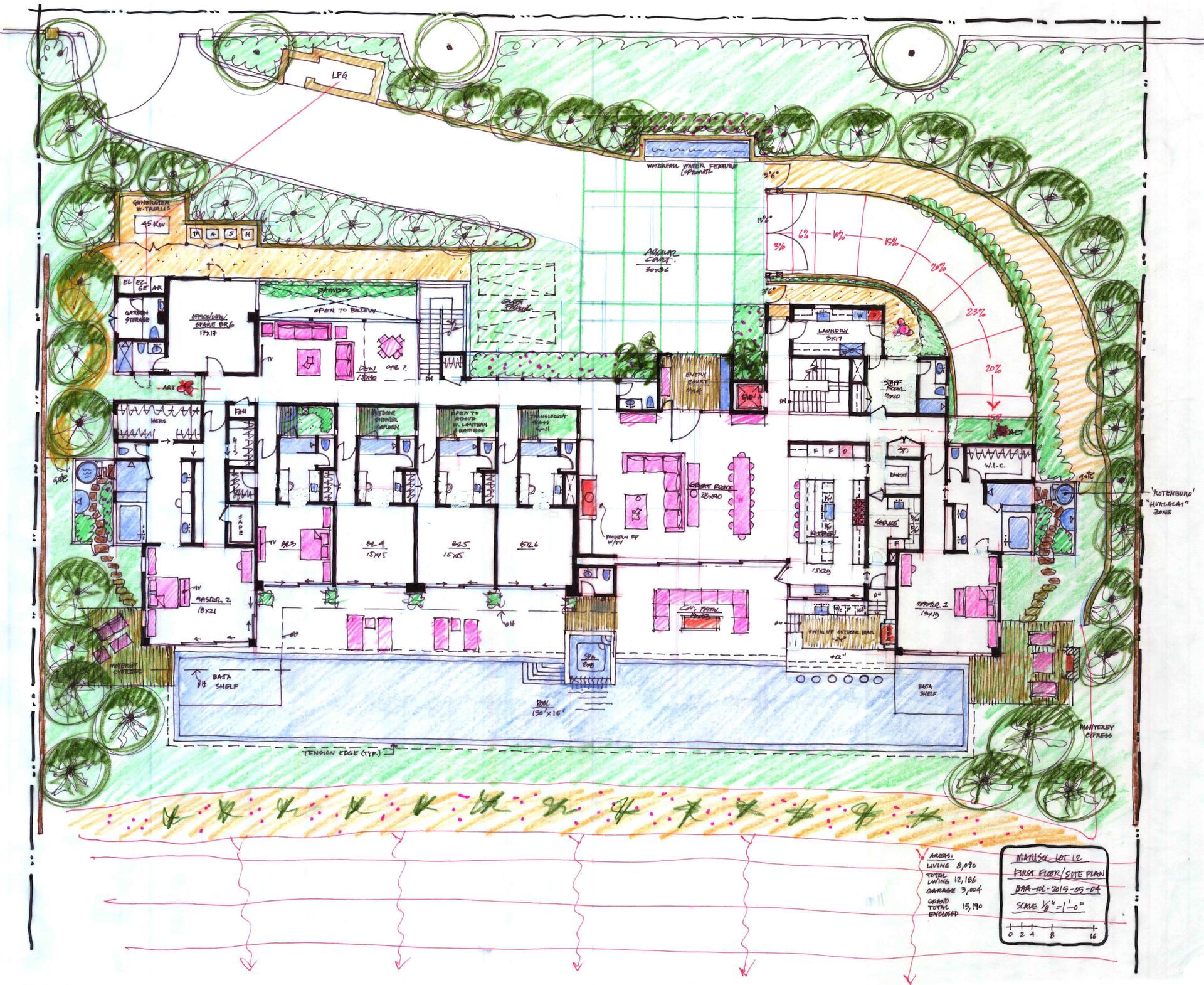 An architect's sketch of a house with a lot of rooms and trees