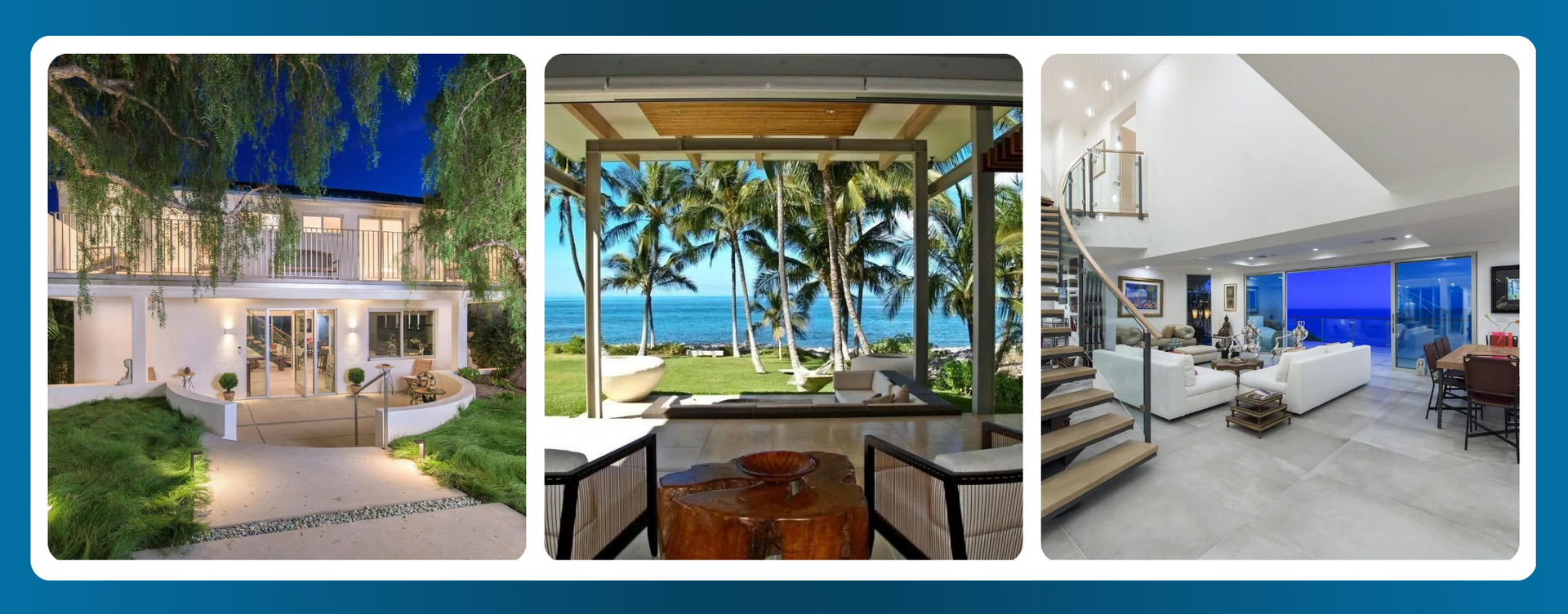 A collage of three pictures of beach luxury houses with the ocean in the background