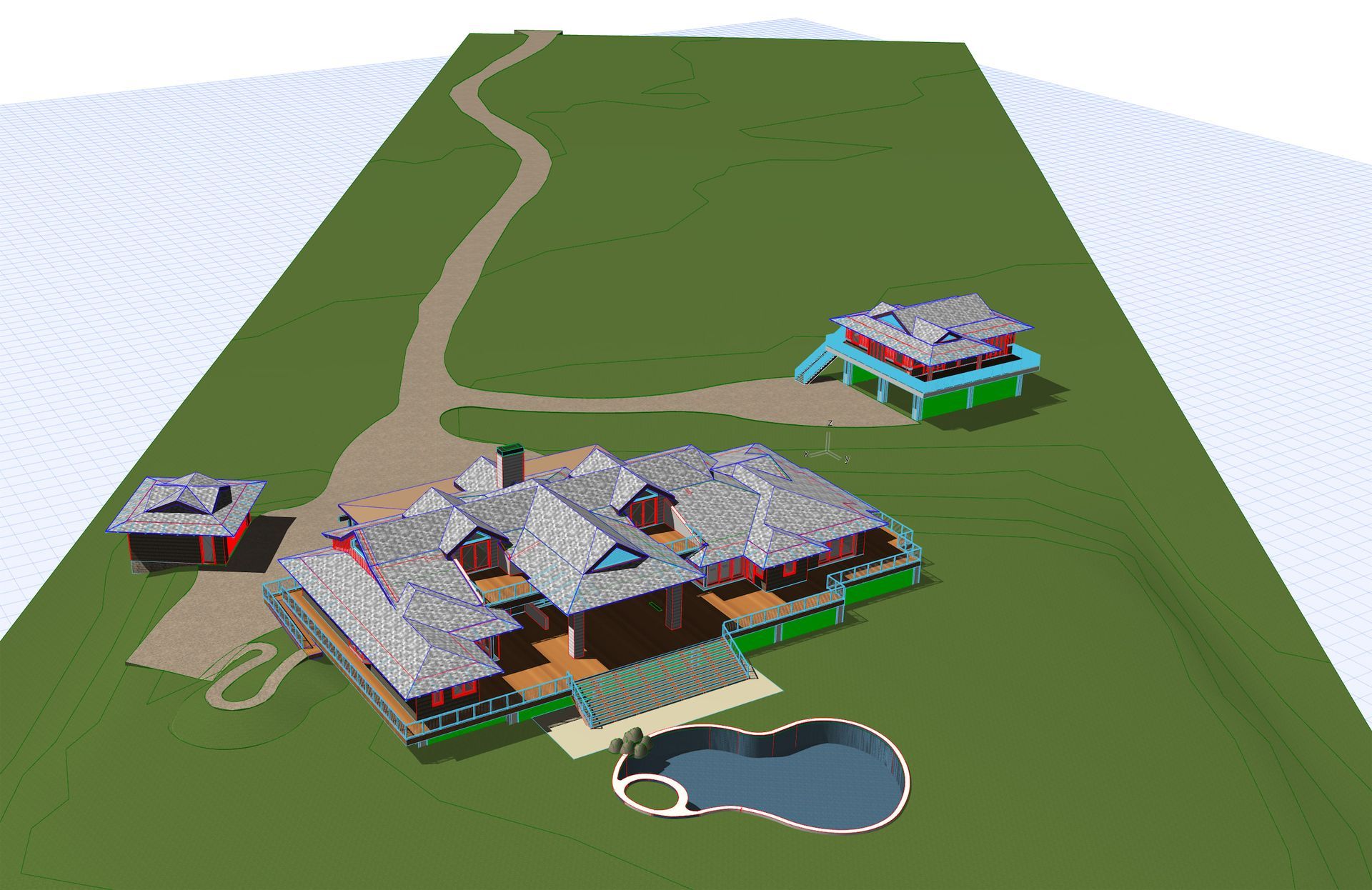 An architect's rendering of an aerial view of a house with a pool